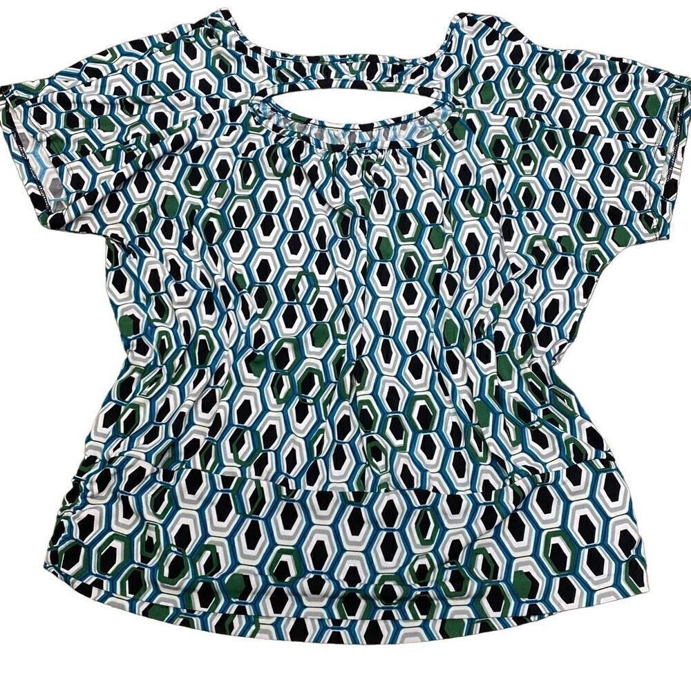 AGB Geometric Blouse Top Short Sleeve Keyhole Back Pleated Waist Women Large